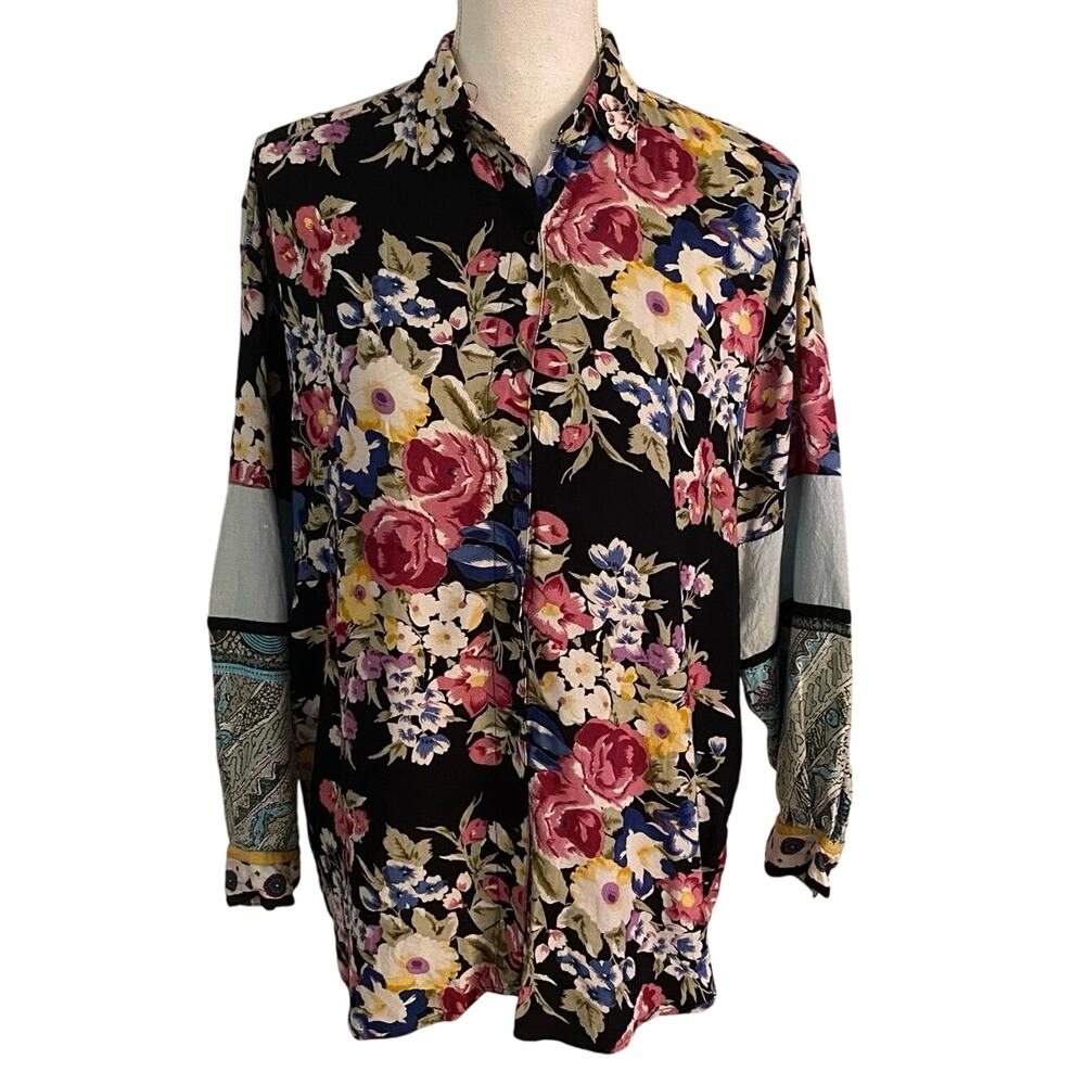 🌻2/$20 Vintage Take Away L Mixed Print Button Up Front Top Shirt Blouse Floral